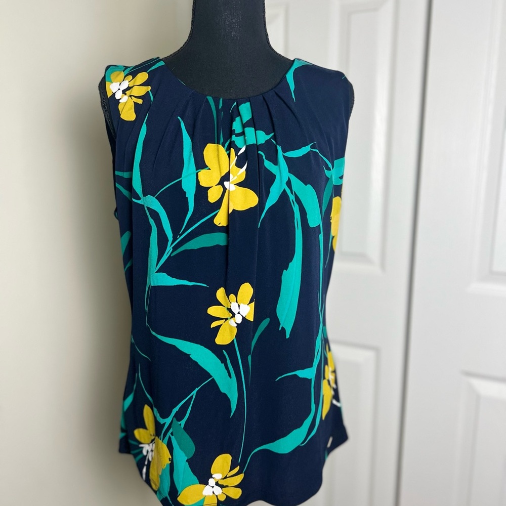 Calvin Klein Navy Floral Blouse with Yellow Accents